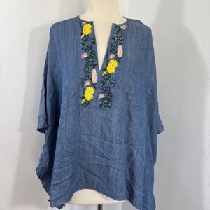 Elaine Turner Top Womens L Pippa‎ Denim Embroidered Butterfly Blouse Boho